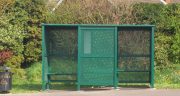 3 Bay Morley Bus shelter double front entry with perforated glazing & perch seating