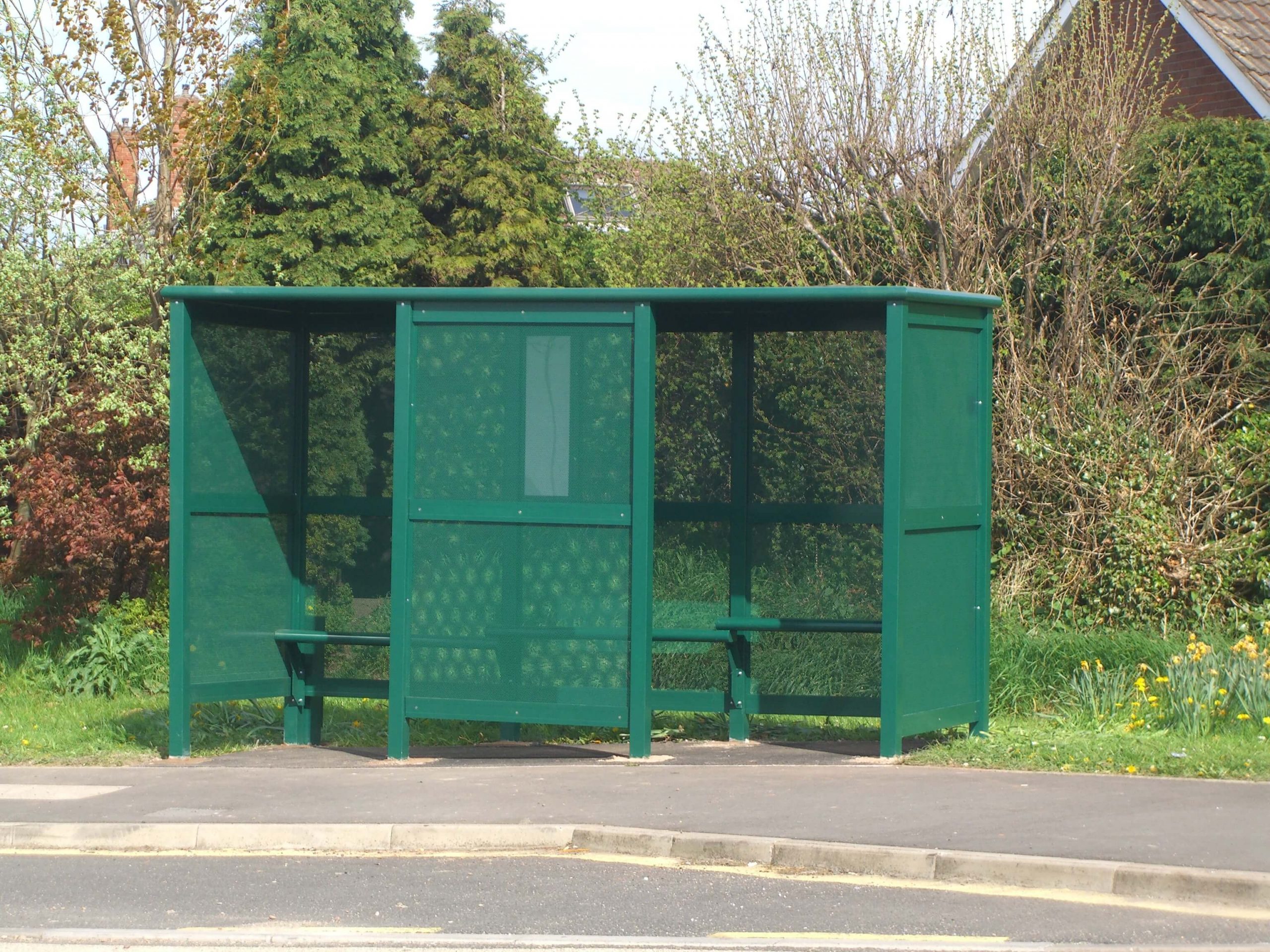 3 Bay Morley Bus shelter double front entry with perforated glazing & perch seating