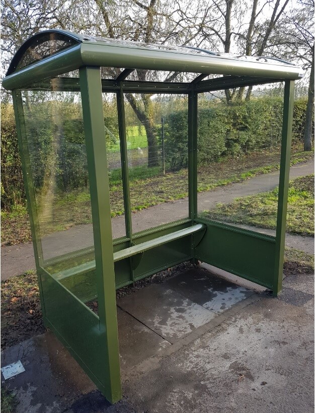2 Bay Full End Panel Bus Shelter with solid lower panels and perch seating