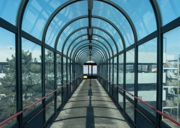 Covered walkway leading to offices.